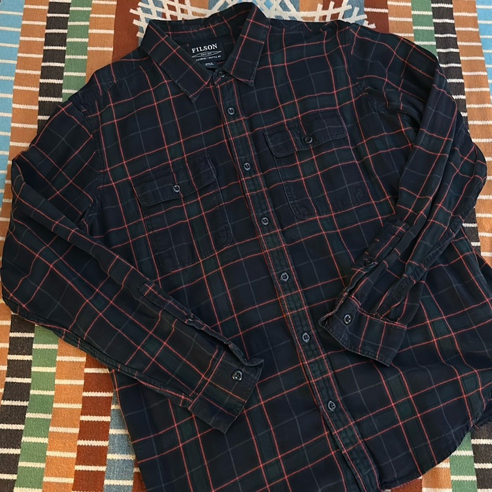 Filson Navy Blue Plaid Button-Down Shirt with Red Windowpane